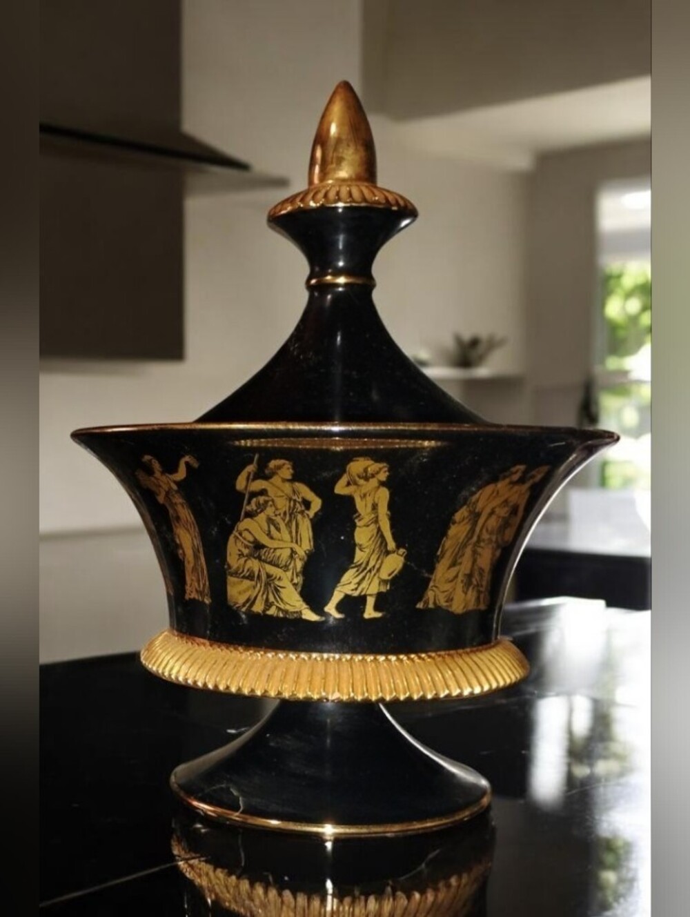 🏺 Vintage KBNY Koscherak Italy Black & Gold Pedestal Urn Candy Dish